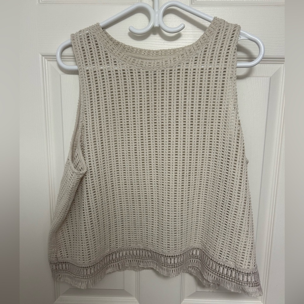 Women's Cream Sleeveless Knit/Crochet Cropped Tank Top
